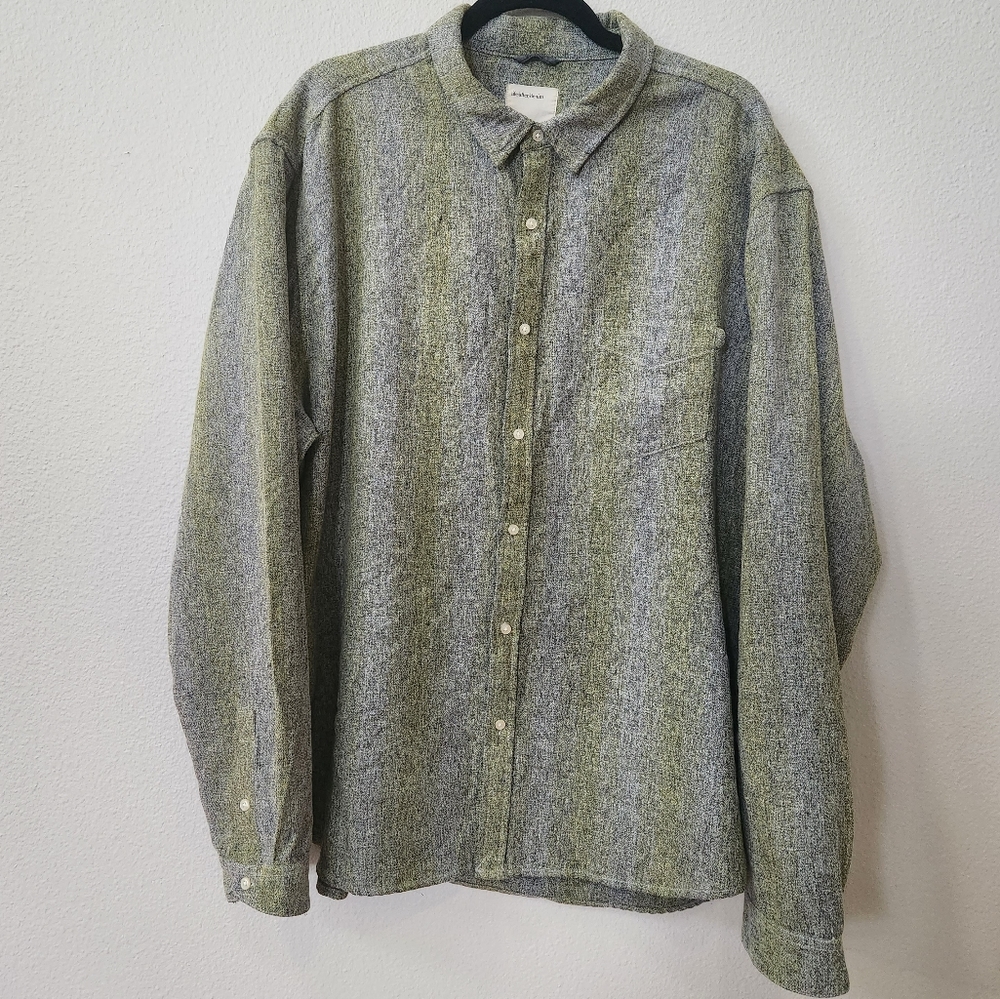 Life After Denim Long Sleeve Button Up Shirt in Gray and Green Muted Stripe